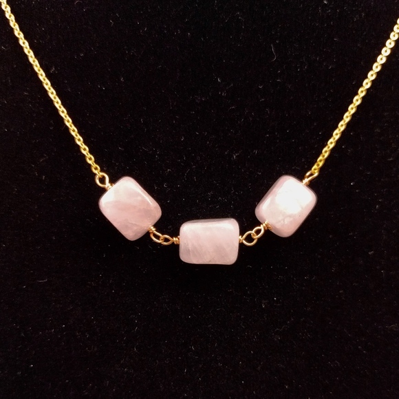 Rose Quartz Trio Handmade Necklace on Gold Chain - Picture 2 of 8